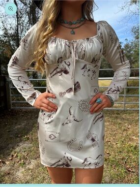 Cream Western-Print Long-Sleeve Mini Dress Bailey rose lets rodeo dress